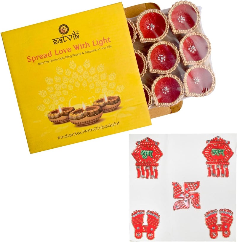 SATVIK 24 Pc Clay Diya Set with Assorted Shubh Labh Stickers | Natural Terracotta Oil Lamps for Diwali, Navratri, Pooja & Home Décor - Image 3